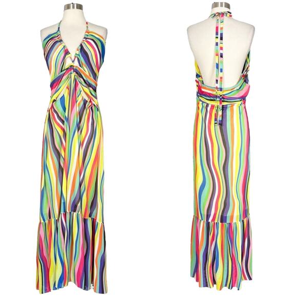 Eloquii | Colorful Striped Rainbow Strappy Cut Out Plus Size Halter Maxi Dress - Picture 1 of 11